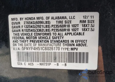 2012 Honda Pilot Exl z USA, uszkodzony, nr VIN 5FNYF4H51CB026170